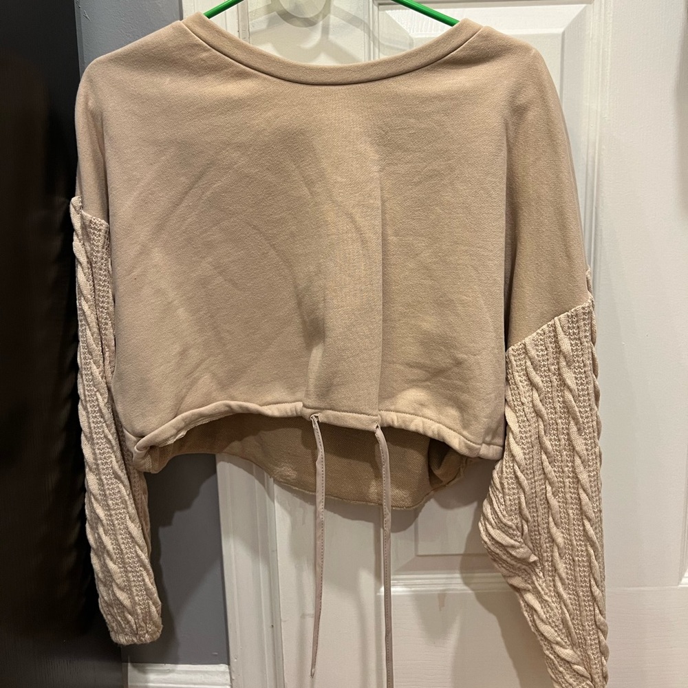 Cropped tan tie sweatshirt top